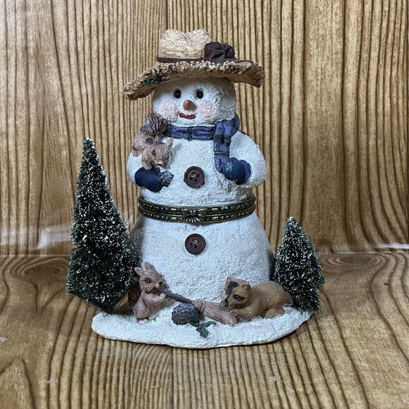 Snowman‎ Resin Figure Trinket Box 6.5” Detailed Christmas Bottle Brush Trees - Picture 1 of 11